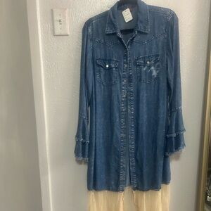 Denim Button-Up Shirt Dress. Up cycled with vintage lace on the bottom.